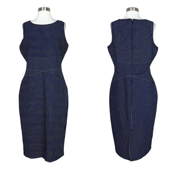 Michael Kors | Navy Blue Striped White Fitted Plus Size Designer Midi Dress 16 - Picture 1 of 10